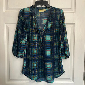 Princess Vera Wang Women’s Top Size Large 3/4 Sleeve Plaid Sheer - Multicolor.